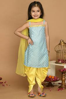 Sky Blue & Yellow Kurta Dhoti With Lace Work and Mesh Dupatta