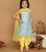 Sky Blue & Yellow Kurta Dhoti With Lace Work and Mesh Dupatta