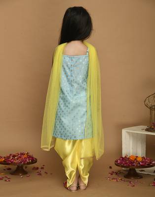 Sky Blue & Yellow Kurta Dhoti With Lace Work and Mesh Dupatta 2