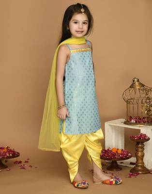 Sky Blue & Yellow Kurta Dhoti With Lace Work and Mesh Dupatta 3