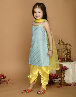 Sky Blue & Yellow Kurta Dhoti With Lace Work and Mesh Dupatta 5