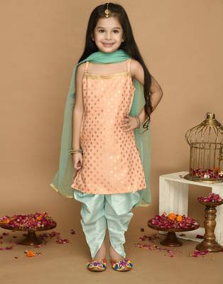 Peach & Light Green Kurta Dhoti With Lace Work and Mesh Dupatta 1