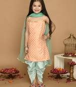 Peach & Light Green Kurta Dhoti With Lace Work and Mesh Dupatta