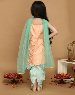 Peach & Light Green Kurta Dhoti With Lace Work and Mesh Dupatta 2