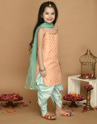 Peach & Light Green Kurta Dhoti With Lace Work and Mesh Dupatta 3