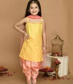 Yellow & Neon Pink Kurta Dhoti With Lace Work and Mesh Dupatta