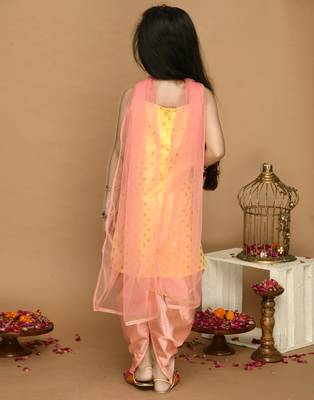 Yellow & Neon Pink Kurta Dhoti With Lace Work and Mesh Dupatta 2