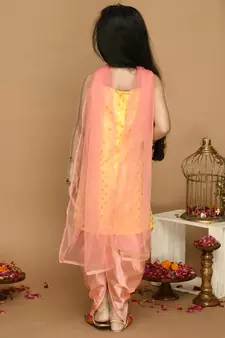 Yellow & Neon Pink Kurta Dhoti With Lace Work and Mesh Dupatta