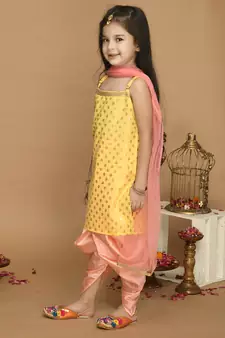 Yellow & Neon Pink Kurta Dhoti With Lace Work and Mesh Dupatta
