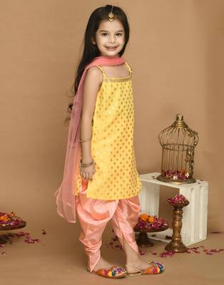 Yellow & Neon Pink Kurta Dhoti With Lace Work and Mesh Dupatta 5