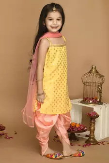 Yellow & Neon Pink Kurta Dhoti With Lace Work and Mesh Dupatta