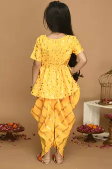 Yellow With Gold Print Dhoti & Jhabala