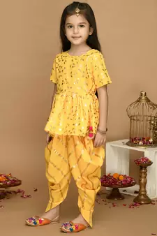 Yellow With Gold Print Dhoti & Jhabala