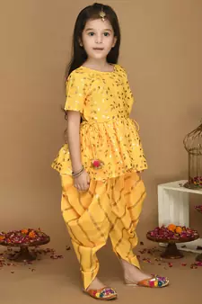 Yellow With Gold Print Dhoti & Jhabala