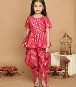 Pink Cotton Gold Screen Printed Kids Dhoti Suit