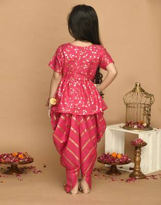 Pink Cotton Gold Screen Printed Kids Dhoti Suit 2