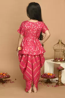 Pink Cotton Gold Screen Printed Kids Dhoti Suit