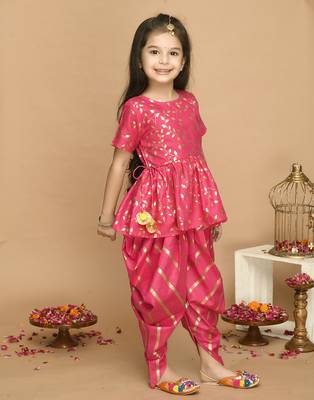 Pink Cotton Gold Screen Printed Kids Dhoti Suit 3