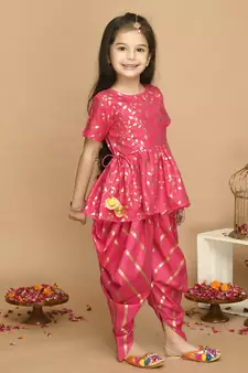Pink Cotton Gold Screen Printed Kids Dhoti Suit