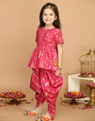 Pink Cotton Gold Screen Printed Kids Dhoti Suit 5