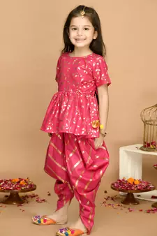 Pink Cotton Gold Screen Printed Kids Dhoti Suit