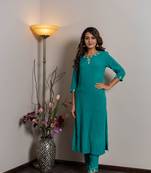 Blue embroidered rayon ethnic-kurtis