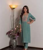 Light-blue embroidered rayon ethnic-kurtis
