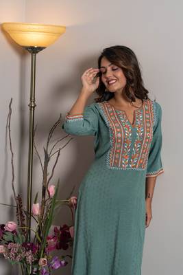 Light-blue embroidered rayon ethnic-kurtis 3