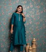 Turquoise embroidered silk ethnic-kurtis