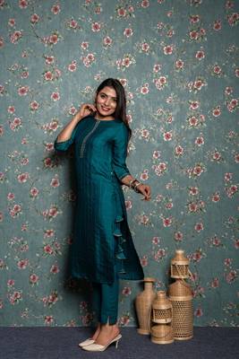 Turquoise embroidered silk ethnic-kurtis 2