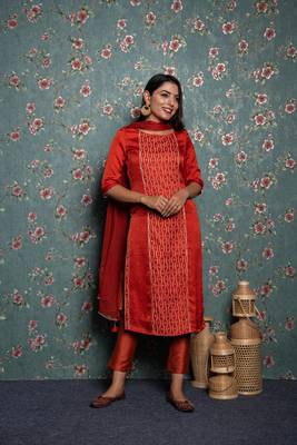 Orange printed silk ethnic-kurtis 1
