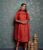 Orange printed silk ethnic-kurtis