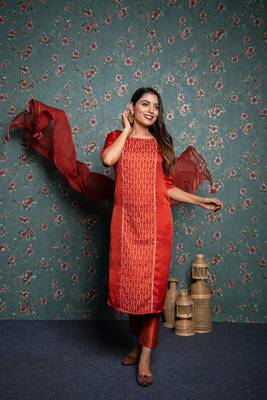 Orange printed silk ethnic-kurtis 3