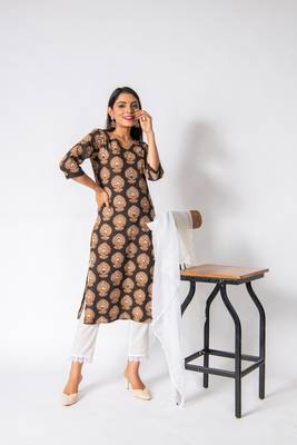Brown embroidered cotton ethnic-kurtis 1