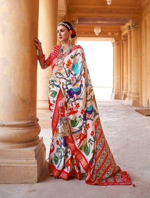 White printed silk saree with blouse 1