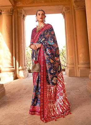  navy blue printed silk saree with blouse 1