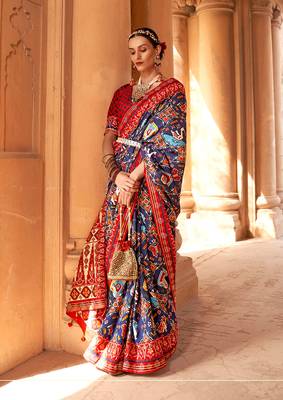  navy blue printed silk saree with blouse 2