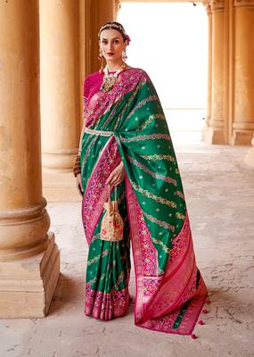   dark green printed silk saree with blouse 1
