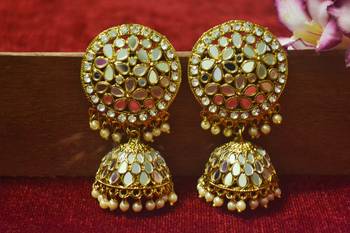 Gold Plated diamond Authentic Full Mirror Work jhumkas or Jhumki Earrings 2