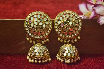 Gold Plated diamond Authentic Full Mirror Work jhumkas or Jhumki Earrings 3