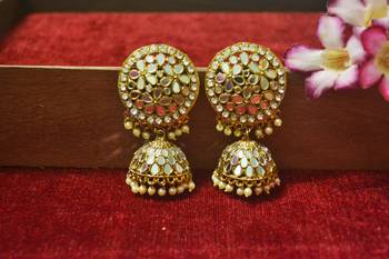 Gold diamond Authentic Full Mirror Work jhumkas or Jhumki Earrings 2