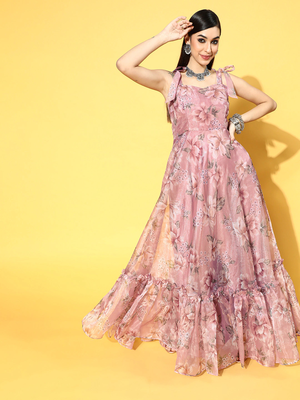 Pink printed organza long-kurtis 1