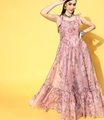Pink printed organza long-kurtis