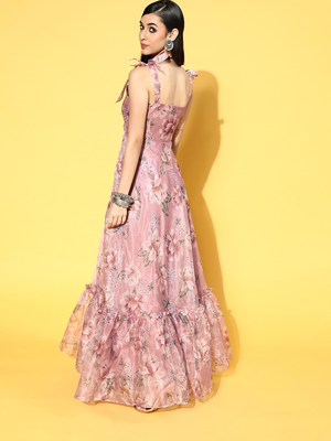 Pink printed organza long-kurtis 2