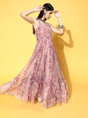 Pink printed organza long-kurtis 3