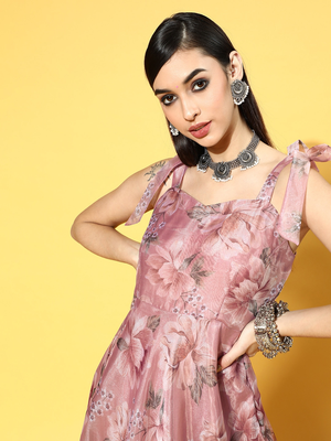 Pink printed organza long-kurtis 4