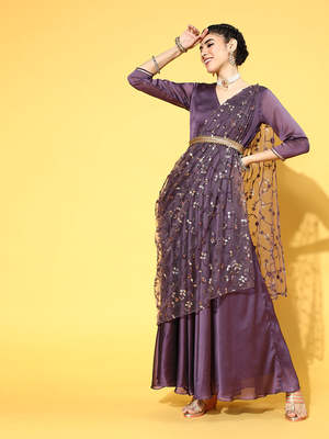 Purple embroidered art silk long-kurtis 2