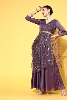 Purple embroidered art silk long-kurtis