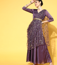 Purple embroidered art silk long-kurtis