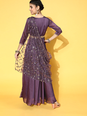 Purple embroidered art silk long-kurtis 3
